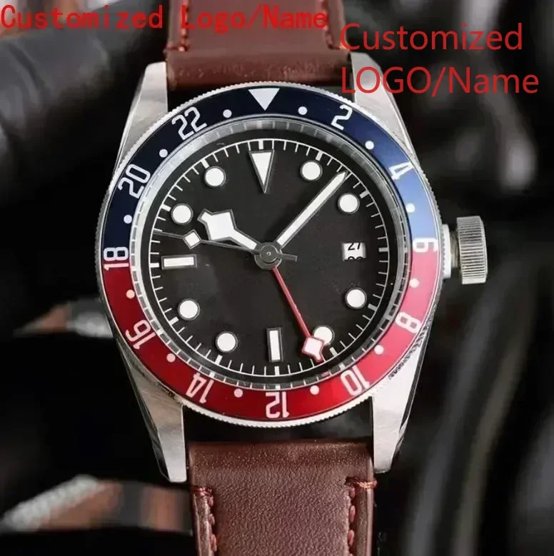 Automatic Mechanical Watch Men GMT Luminous Stainless Steel Black White dial Leather Ceramic Sapphire Watches Customized