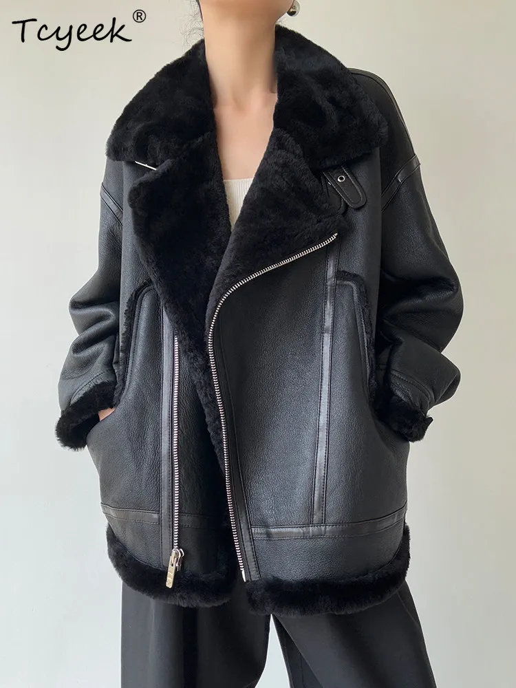 

Tcyeek Genuine Leather Jacket Winter Jackets Natural Merino Sheep Fur Coat Women 2025 Motocycle Clothing Female Шуба Женская