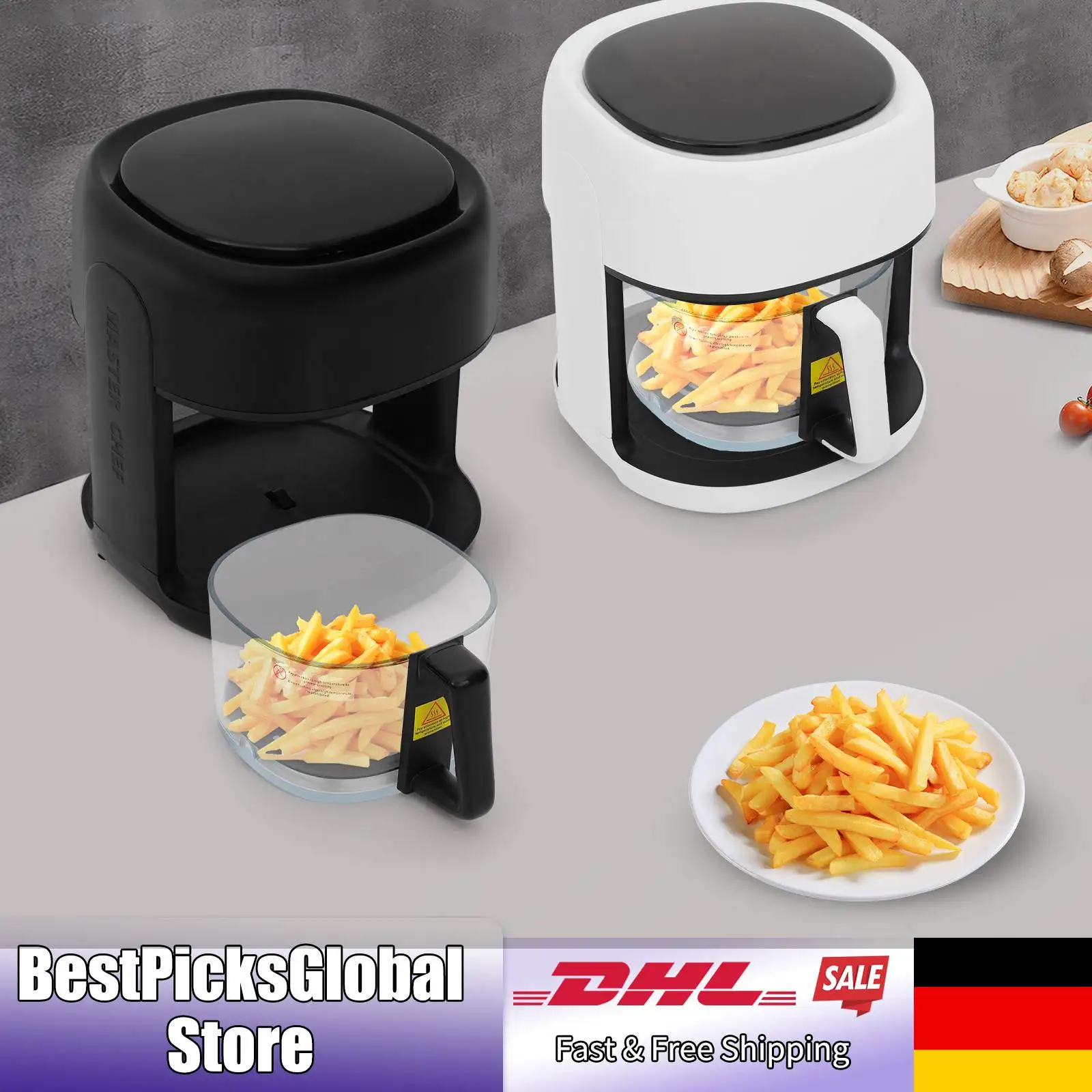 1350 W Heißluftfritteuse mit LCD-Display, 1-120 Minuten Timing, 360 °   Sichtbar, 3,3 l Heißluftfritteuse für die Küche, 220 V, Schwarz/Weiß