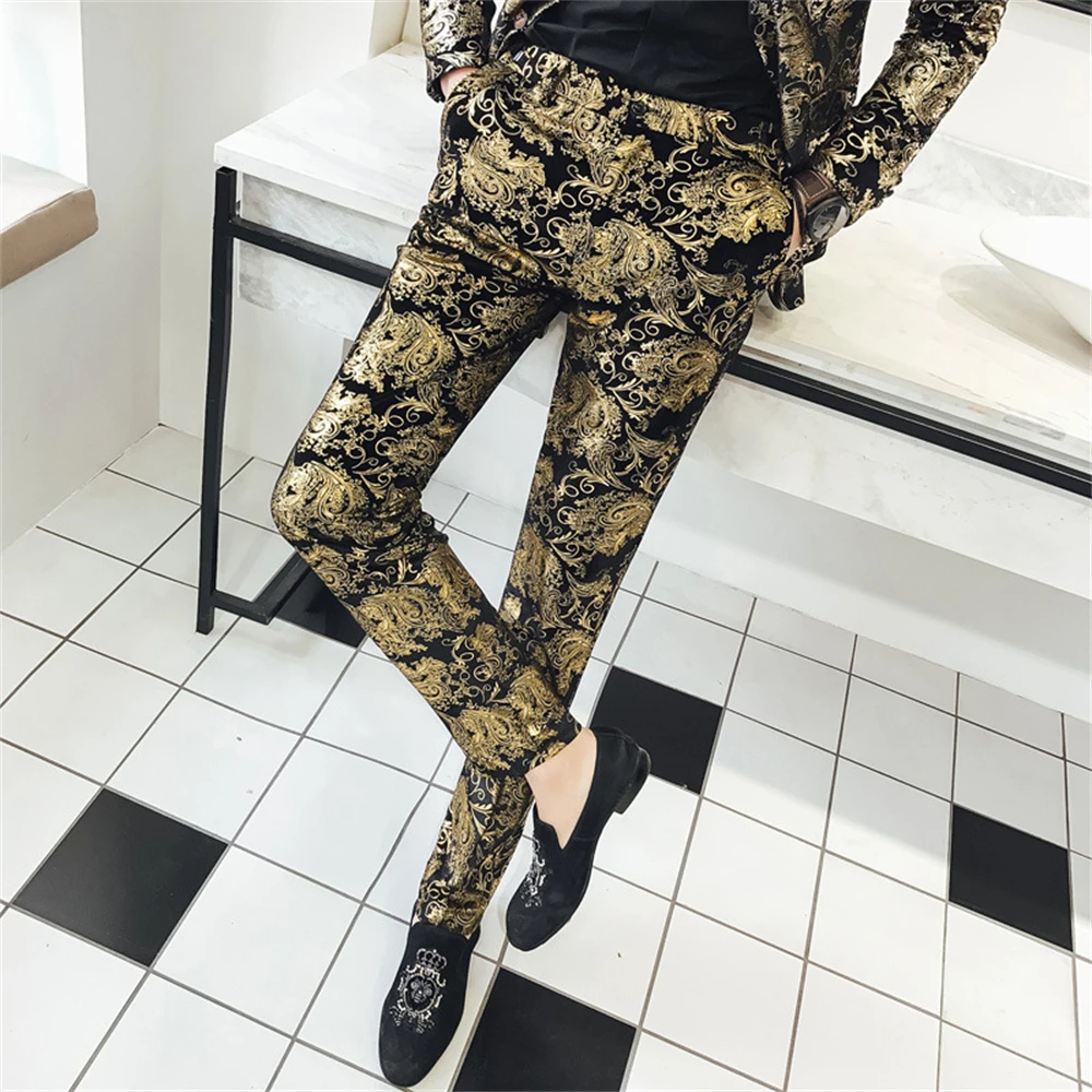 Jacquard Gold Men\'s Suit Set, Two Pieces Including Blazer and Pants, One Button, Long Sleeves, Fashion Performance Suits Tuxedo