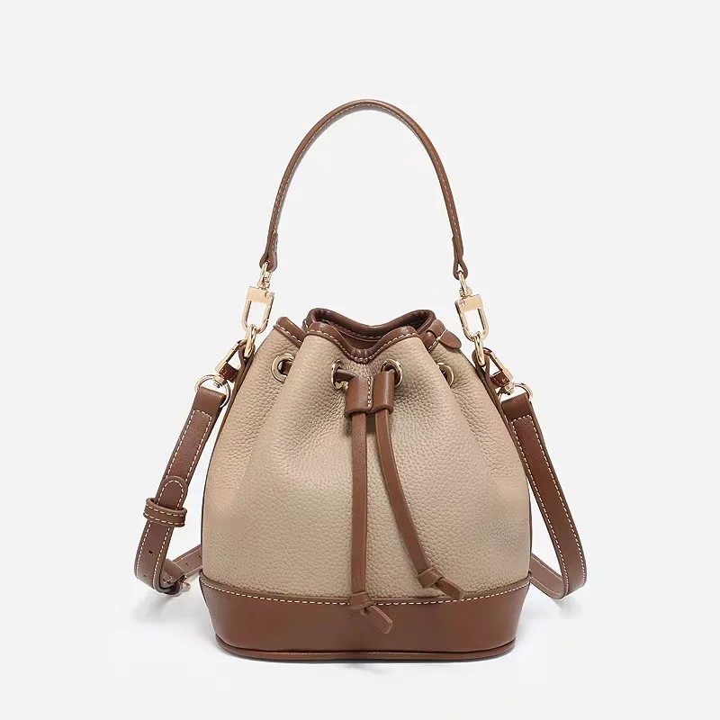 Cowhide Leather Bucket Bag Women Crossbody Bags Drawstring Bags 3 Colors Vogue Lady Handbag