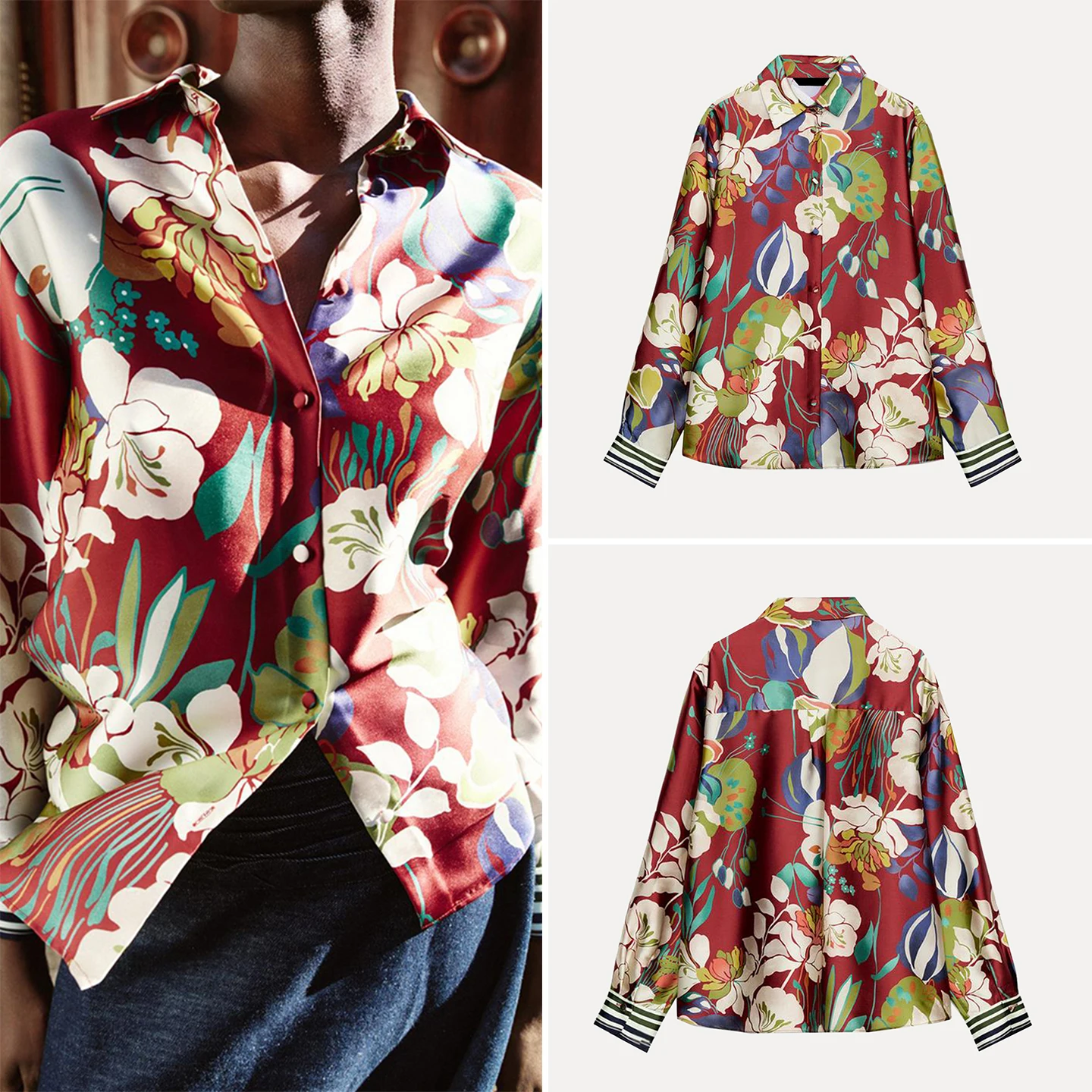 

Элегантная женская рубашка из шелкового атласа с цветочным принтом, весна 2026, с длинным рукавом, отложным воротником, классический стиль, бренд Zadata