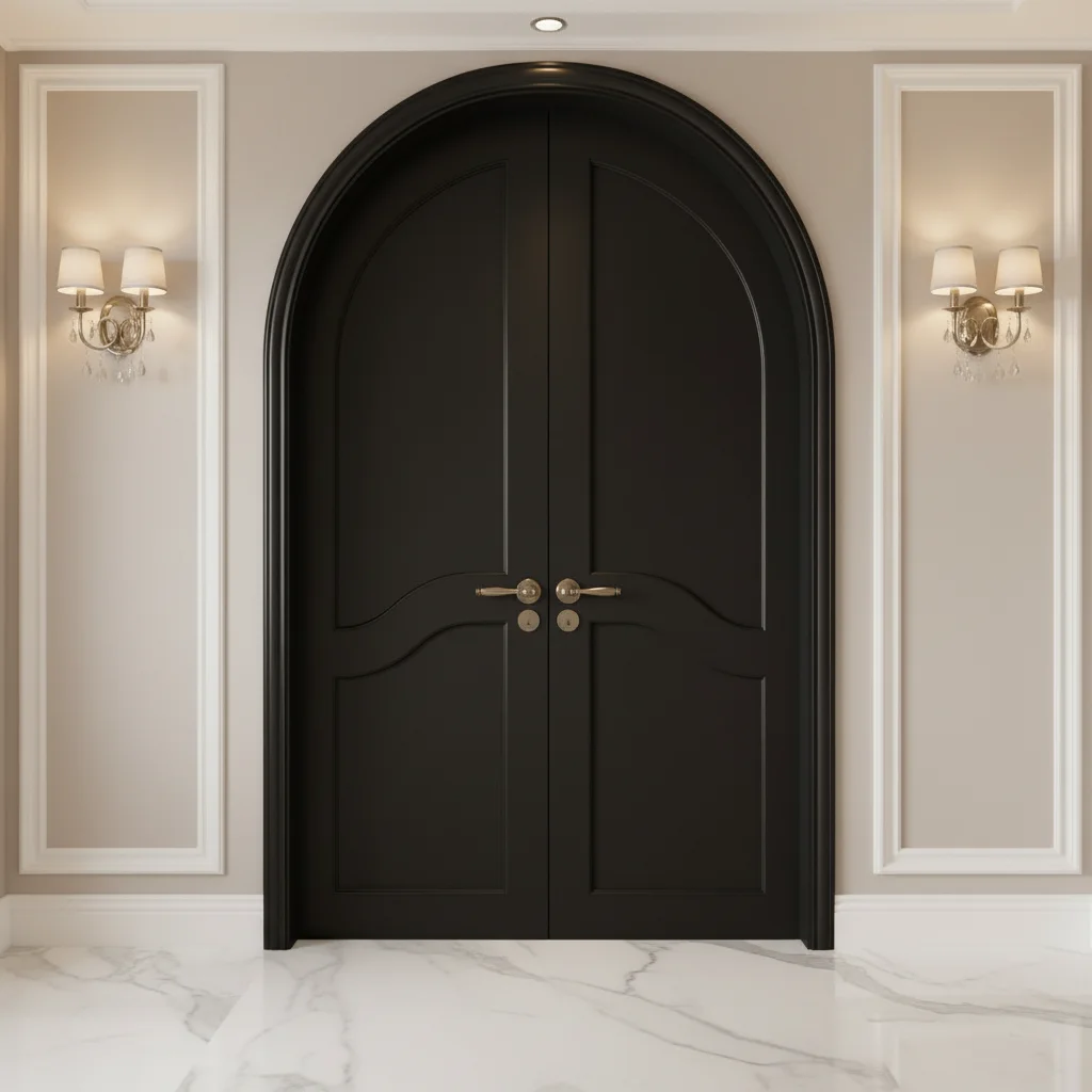 Customization Modern Double French Retro Slab Door Arc Arched Black Solid Wood Composite Waterproof For Bedroom Use Finished