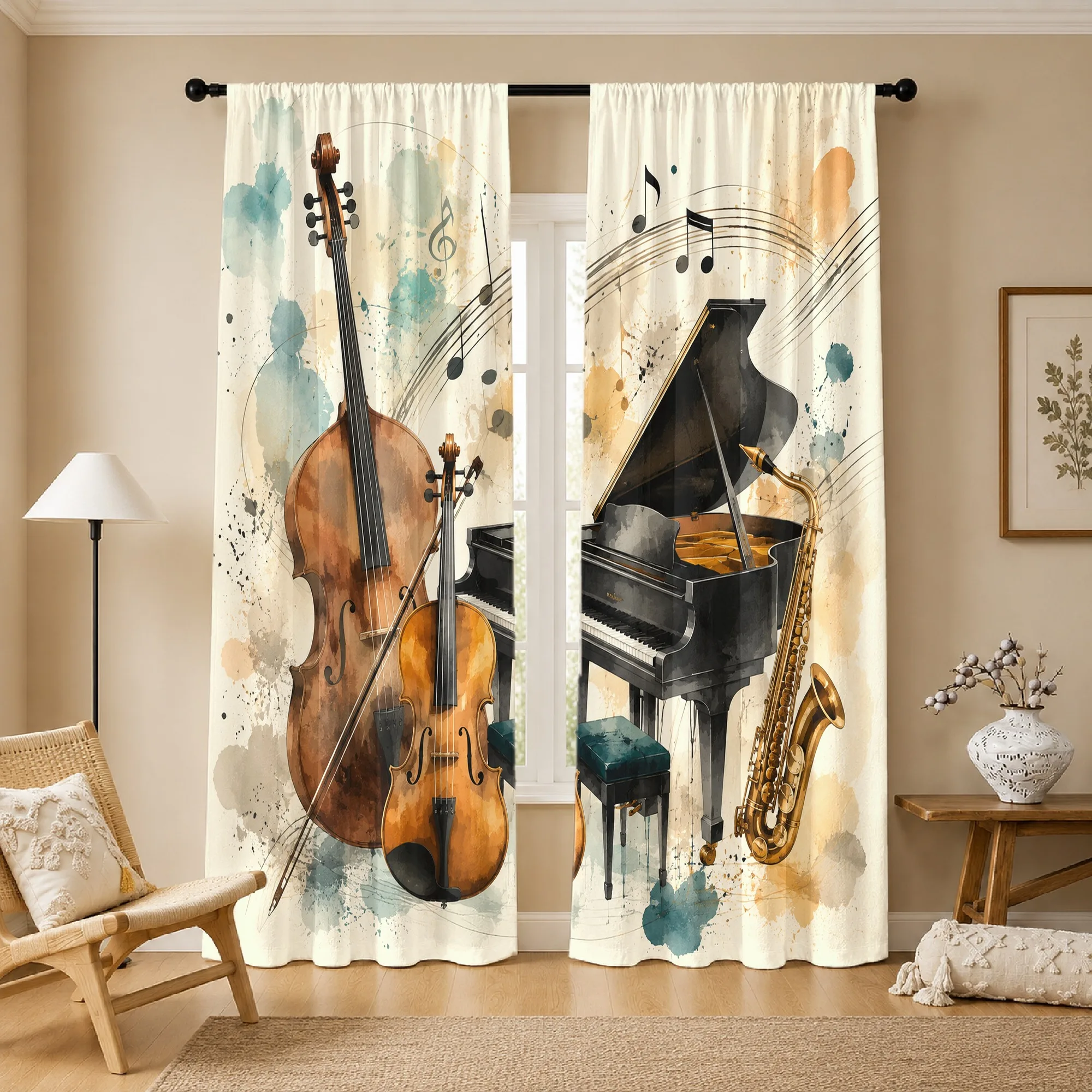 Bohemian Music Notes Jazz Piano Guitar Curtain Panels for Living Room Decor Artistic Soundscape Window Treatment