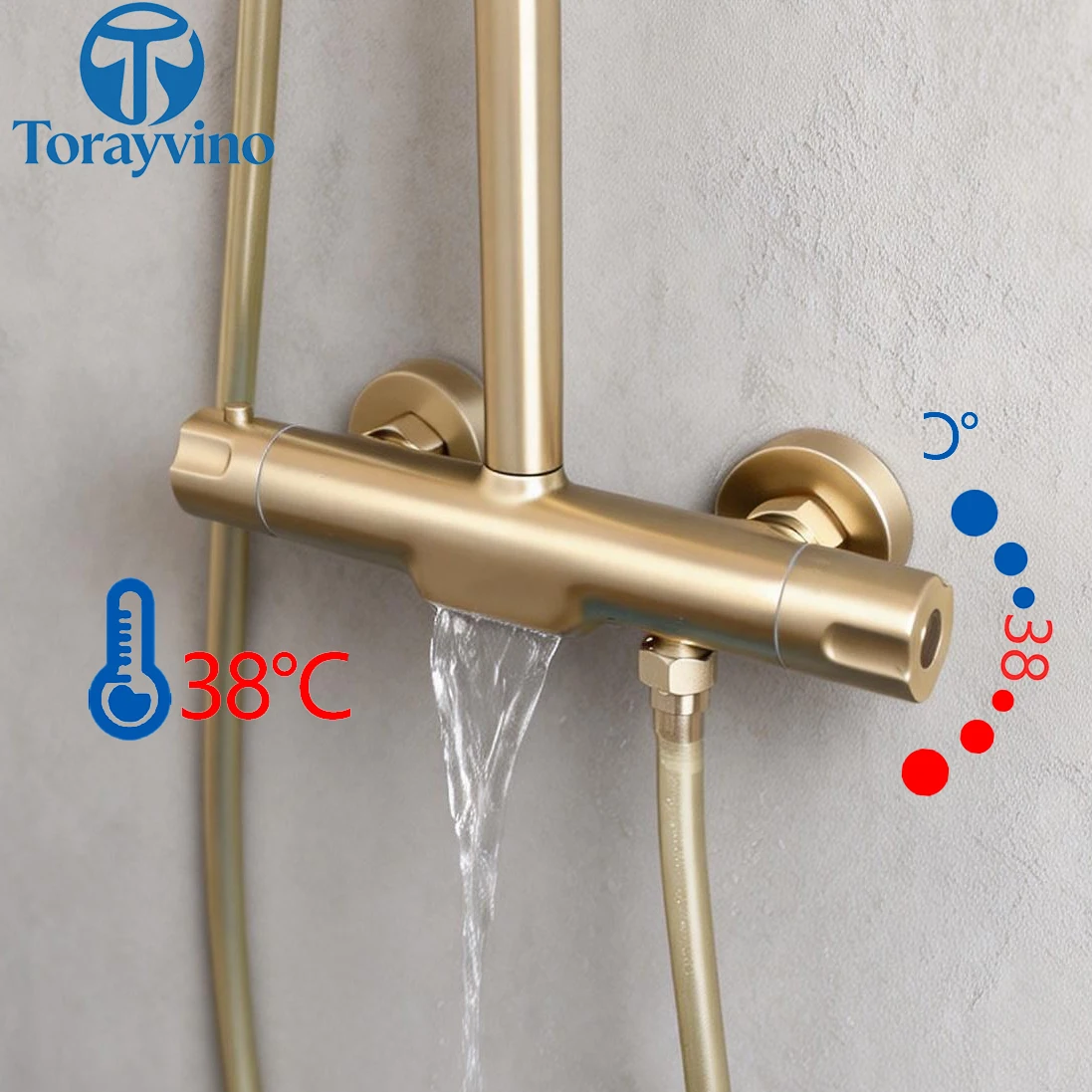 Torayvino Thermostatic Bathroom Shower Faucet Set Bathroom Brushed Gold Rainfall Head With Third Gear Handheld Shower Mixer tap