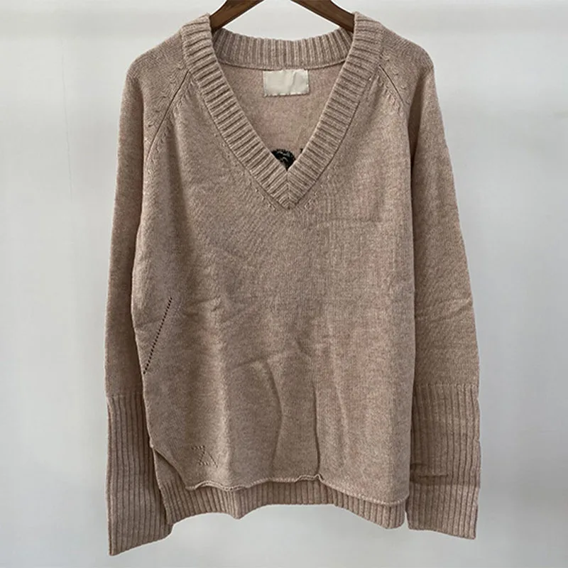 Zadig Khaki Jumpers Women Winter Handmade Casual Letter Wool Knitwear Sweater Female V-Neck Long Sleeve New Warm Sweaters Tops