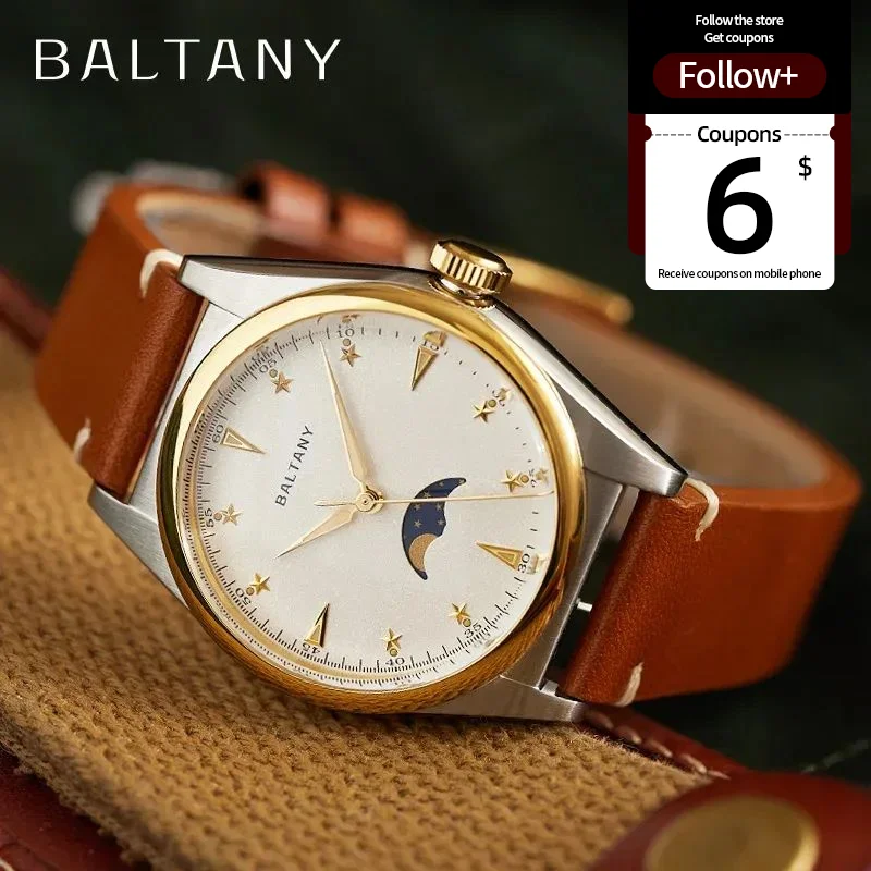 

Baltany Design Moonphase Watches S4042 Leather Strap IPG Bezel Luminous Dial 6P24 Quartz Unisex Luxury Dress Wristwatch