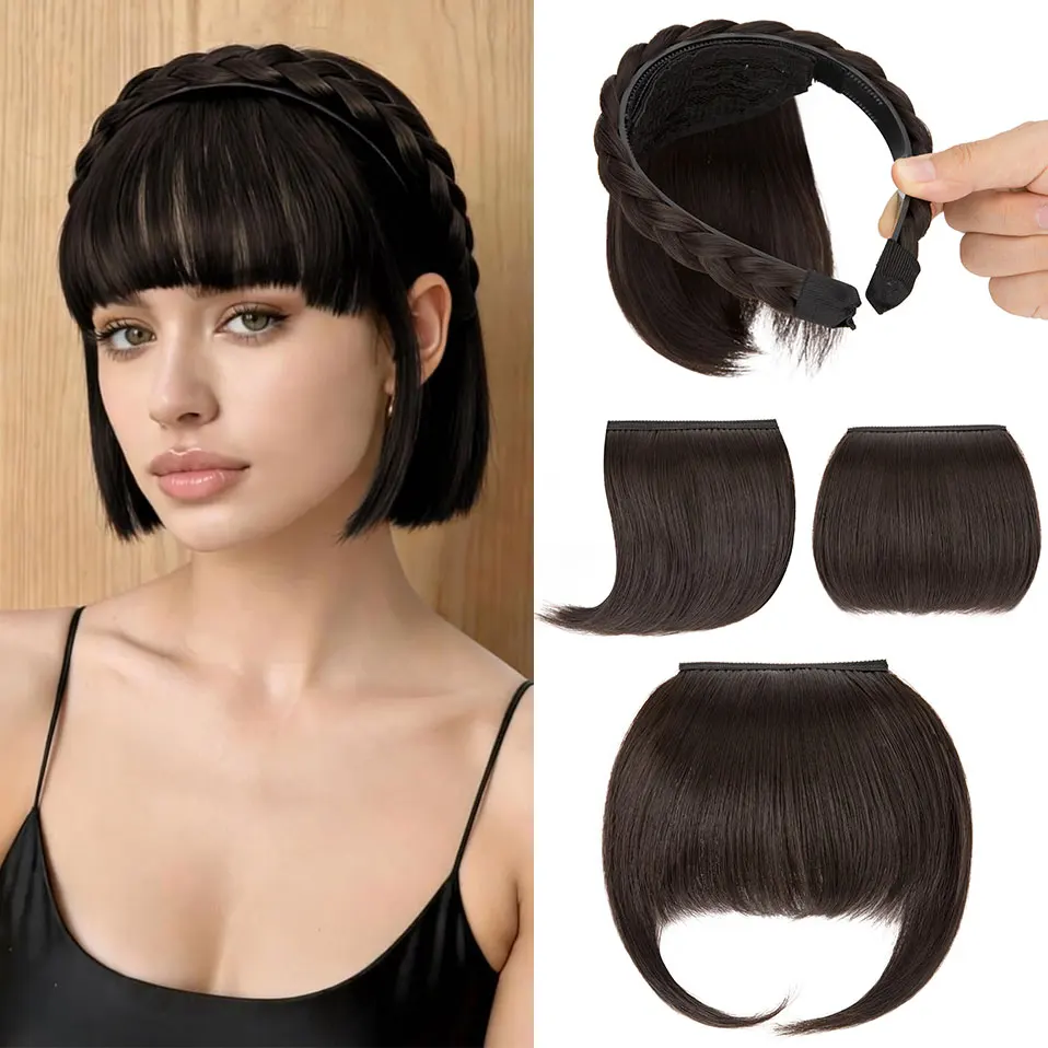 4pcs/Set Braided Headband with 3 Detachable Clip-In Bangs Fringe Hairpieces Synthetic Hair Band Bangs Hair Extensions for Women