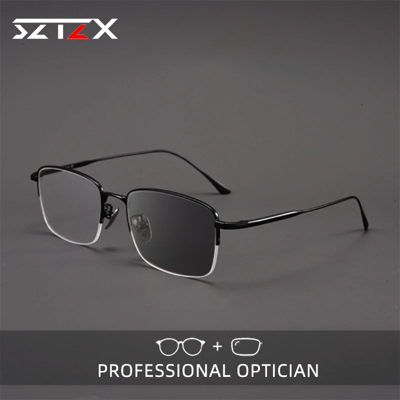 

SZTZX Ultra Light Pure Titanium Reading Glasses Fashion Men Anti Blue Light Photochromic Glasses Prescription Optical Glasses