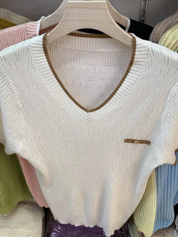 Moederdag Mama Sle ort Sve Ijs Zijde Gebreide Losse Hollow out V-Ne T-shirt vrouwen Zomer Nieuwe Faion Casual top