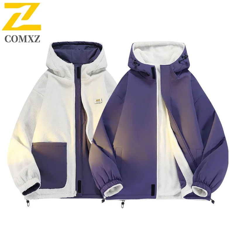 COMXZ 2025 Mens Reversible Sherpa Lined Winter Jacket Hooded Unisex Cotton Coat Fashion Casual Warm Outwear for Teens Adults