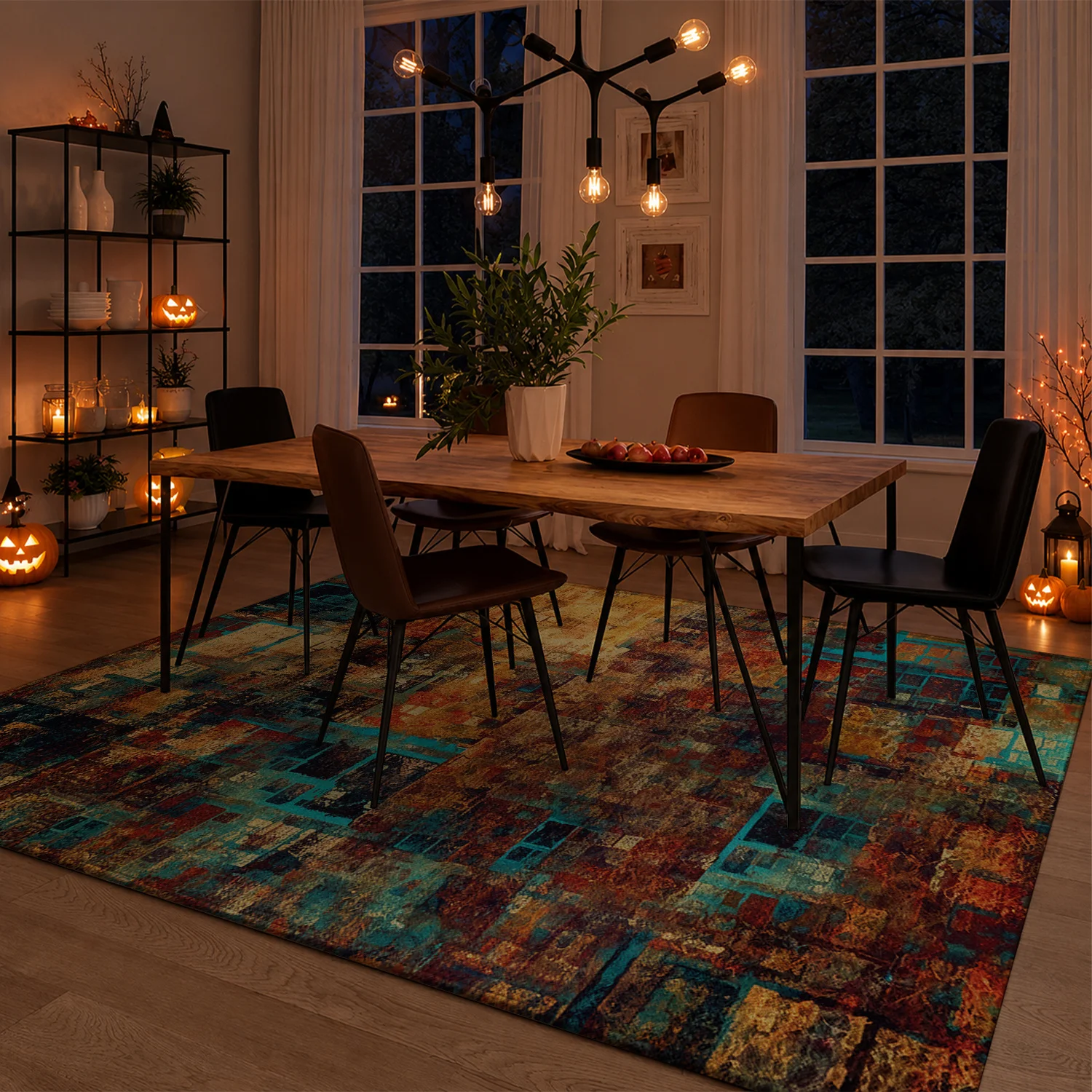 Large Indoor Area Rug – Soft Velvet Low Pile, Non-slip Dotted Backing, Machine Washable Abstract Rust Teal Gold Mosaic Floor Rug for Living Room, Bedroom, Entryway, Modern Home Decor