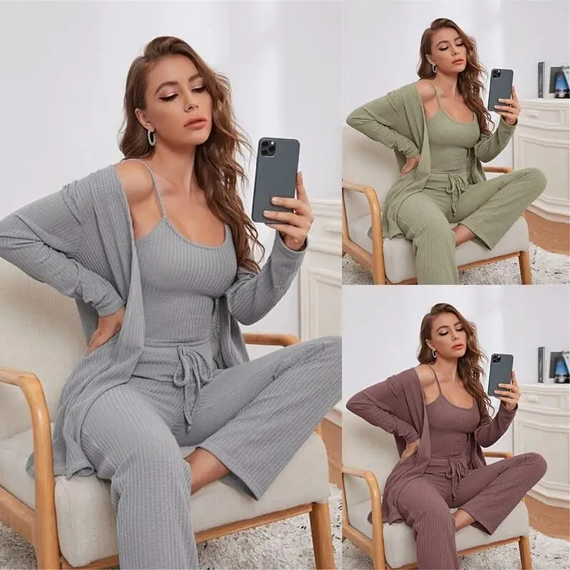

Women's Spwear Tee Piece Set Long Sve Wfle Susp Pajamas Mid-Length Cover-Up Faionable Autumn Spring Collection