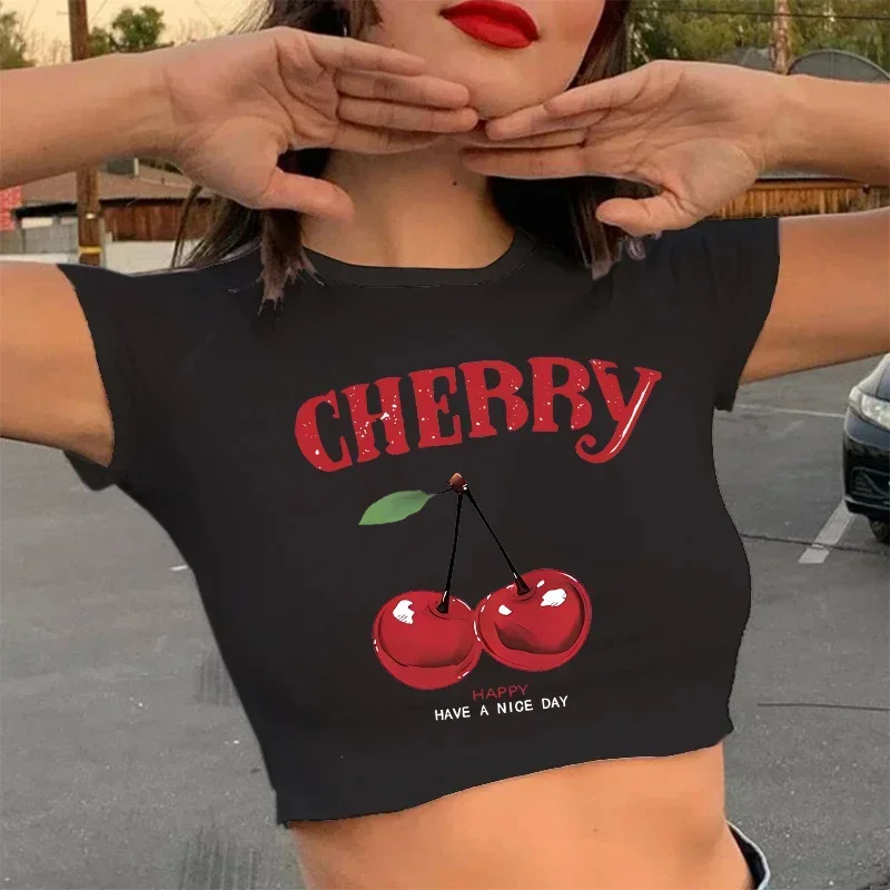 90er Jahre Cropped Bequemes T-Shirt mit Kirschdruck, Crop-Top, Kurzarm, Rundhalsausschnitt, T-Shirt für Damen, lässige Frühlings- und Sommerkleidung – Detail 3