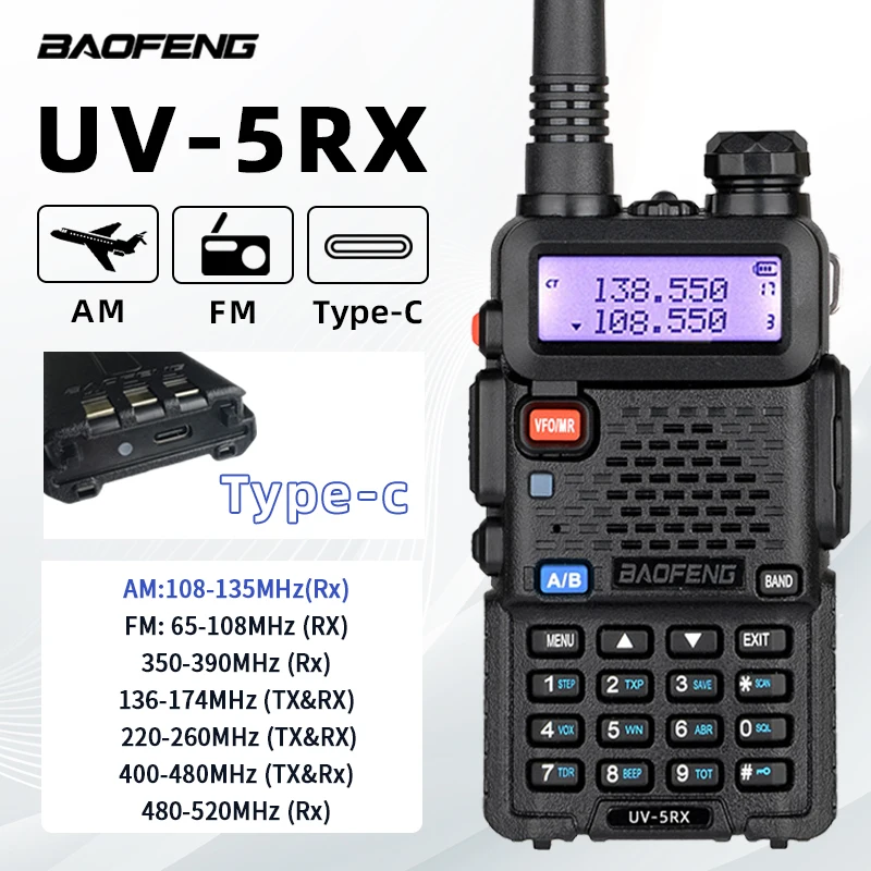 Baofeng UV5RX Walkie Talkie Type-C Wireless Copy Frequency AM FM Long Rang Powerful Two Way Portable Radio UV-5R New Upgrade