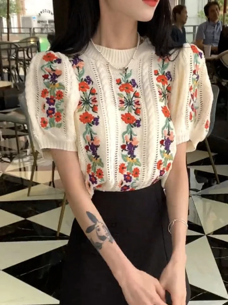 Vintage Embroidered Floral Sweater Women Summer Autumn Short Puff Sleeve Slim Knitted Tops Hollow Out Pullovers Jumpers