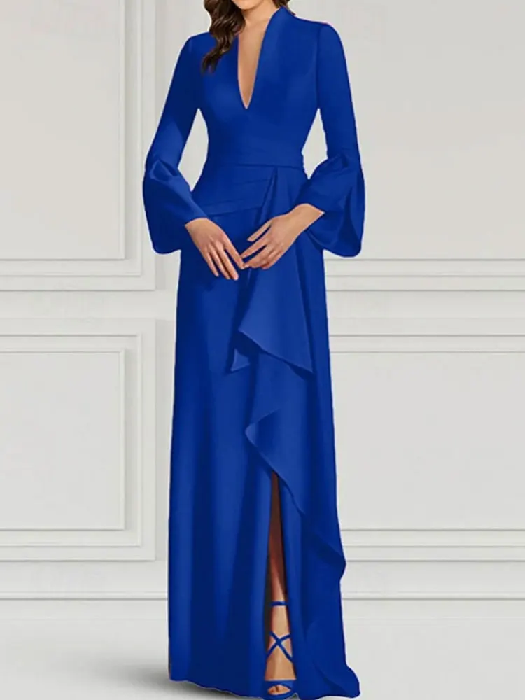 

Customized Mermaid Evening Dress Formal Wedding Guest Gown Sweep Brush Train 3/4 Sleeves V Neck Stretch Crepe Waist With Pleats