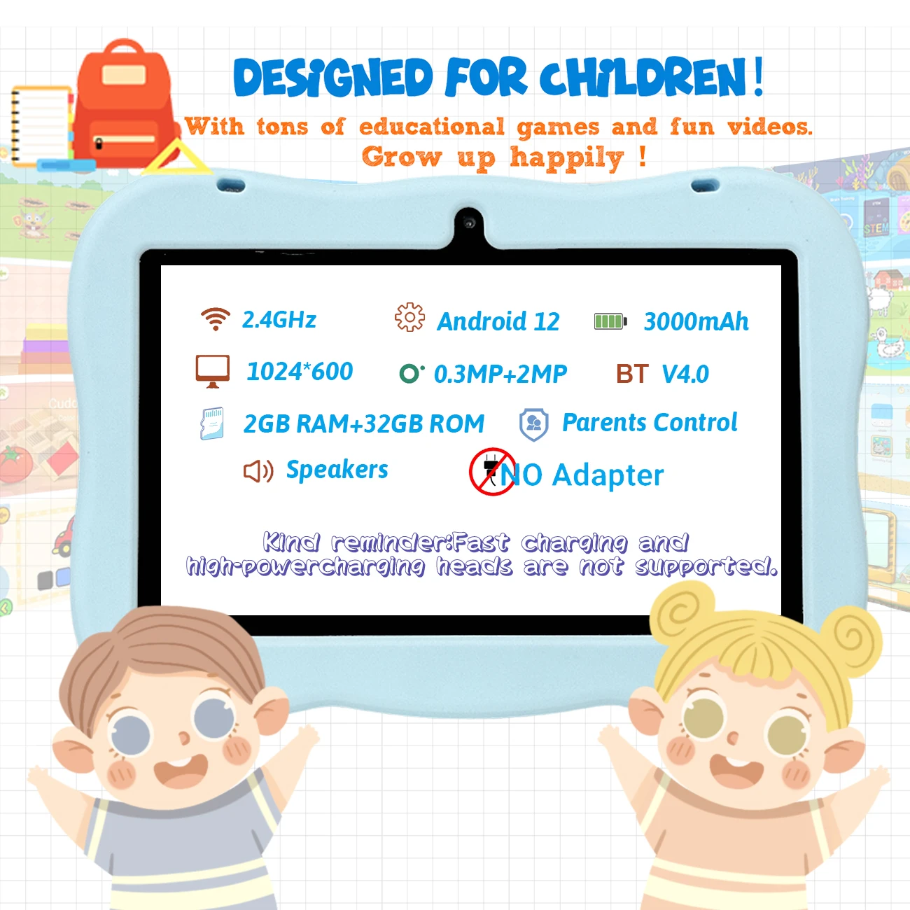 7-Zoll-Tablet-Computer, Kindersteuerung, WLAN, Dual-Kamera, Silikon-Schutzhülle, Anti-Fall, geeignetes Geschenk für Kinder