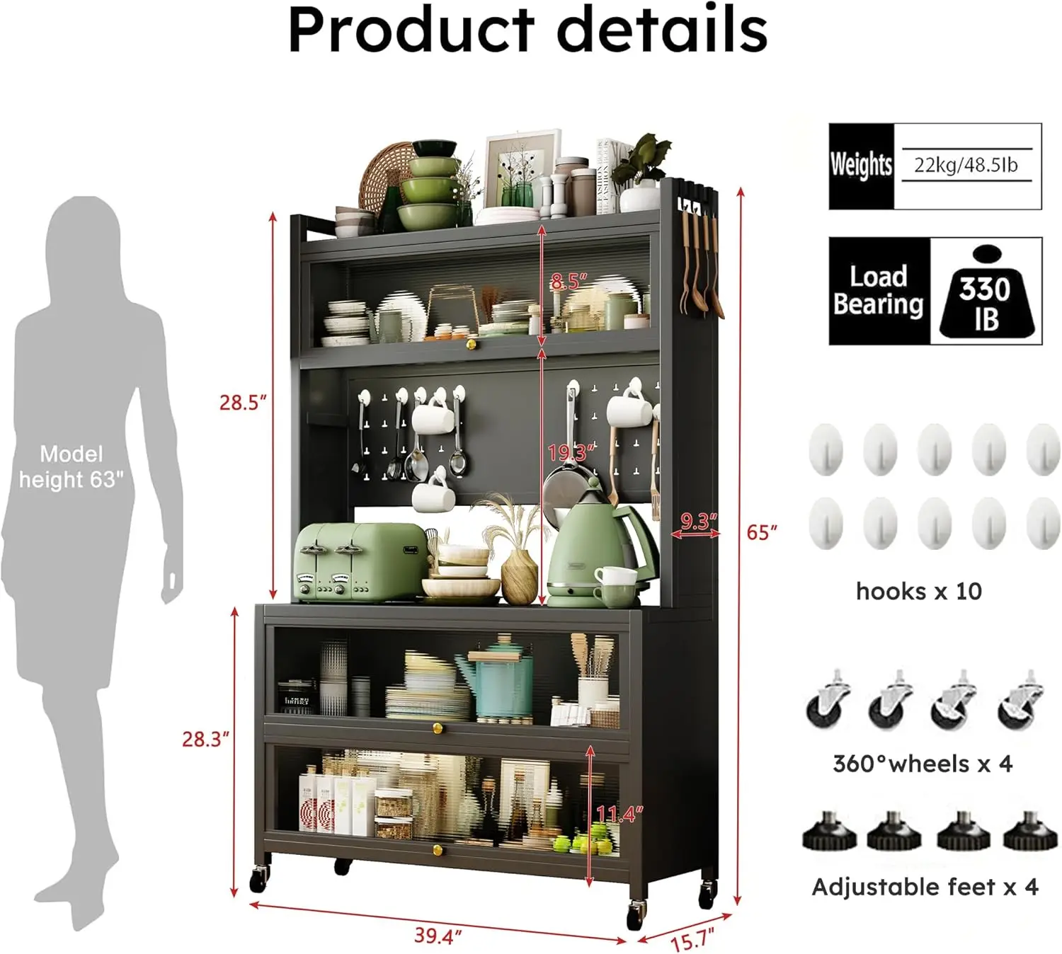 65'' Tall Kitchen Bakers Rack with Flip Door Cabinet,5 Tier Multifunctional Microwave Stand Buffet with Accessories