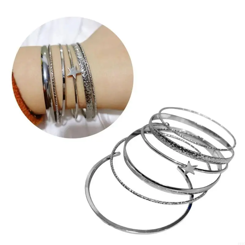 195C Pack of 6 Trendy Alloy Bracelet Set Assorted Designs Hand Jewelry Alloy Material