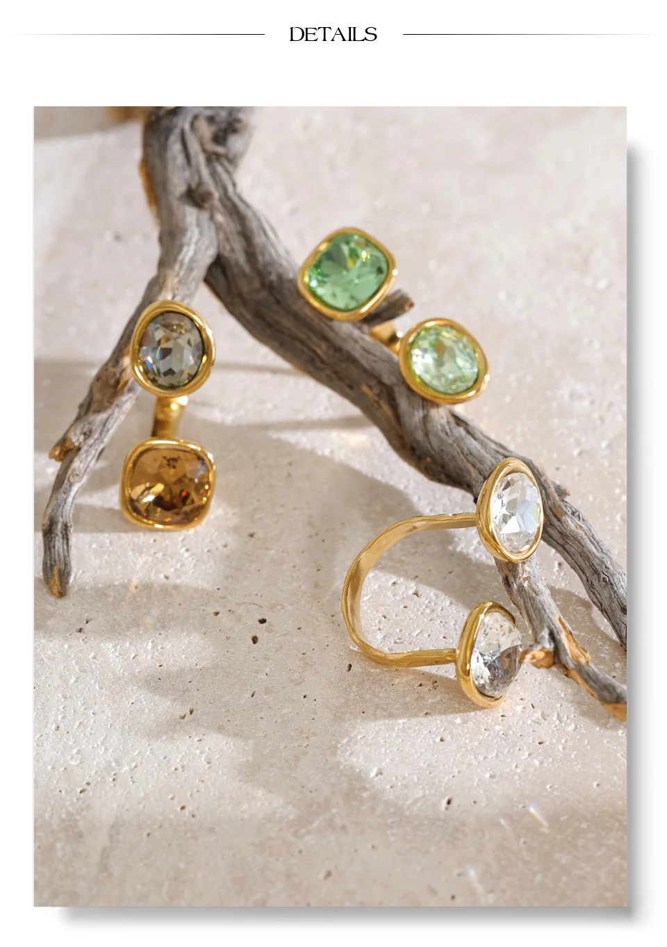Yhpup Edelstahl Verstellbarer Offener Ring Braun Weiß Grün Quadratischer Kristall Goldfarben Neuheiten Finger Modeschmuck – Detail 8
