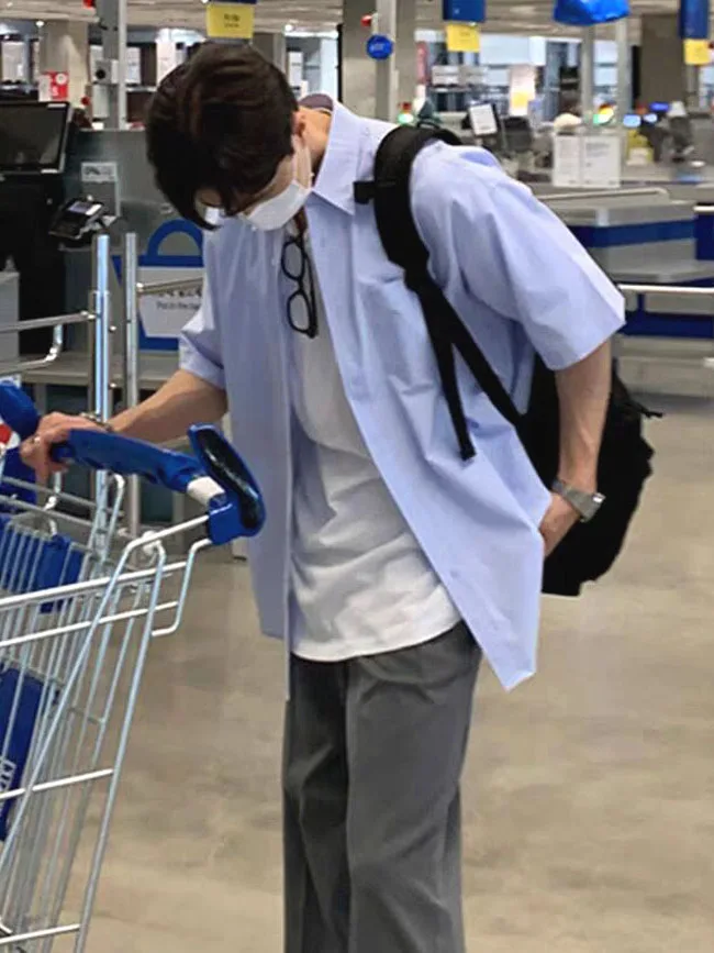 

Blue Ice Silk Men's irt Korean Sle Loose ort Sve Anti-Wrinkle Smooth Casual Workwear Breathable Lightweight Summer S...