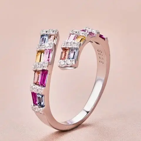 

S925 Silver Rainbow Pear Cut Ring Rectangular Cubic Zirconia Stones with Multi Layered Design and Exquisite Fine Jewelry Ring