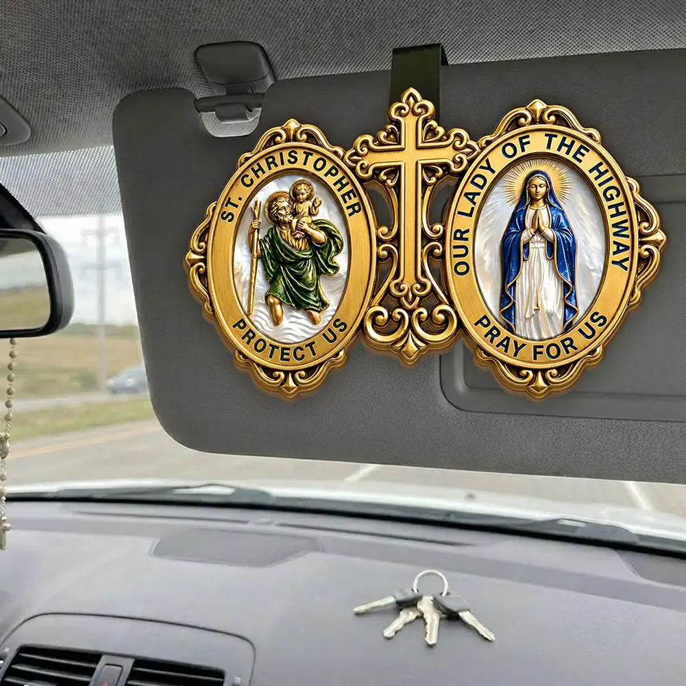 `St Christopher & Our Lady of The Highway Car Visor Clip Metal Religious Ornament Safe Driving Decor for Auto Sun Visor Gift