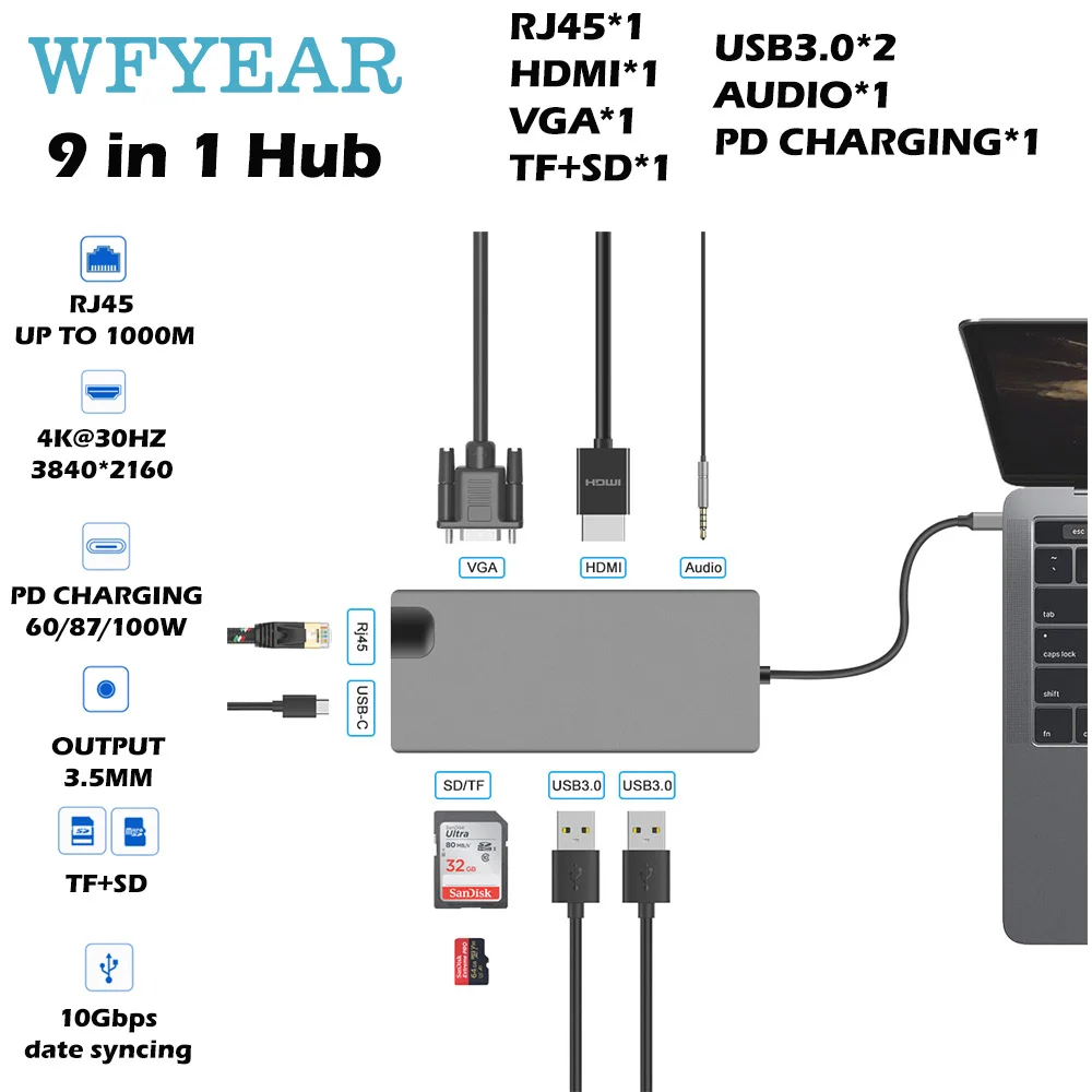 High Quality 9 in 1 Multi-function Power Delivery Fast Charger USB 3.0 Ports Docking Station Adapter Mini USB C Hub Ethernet