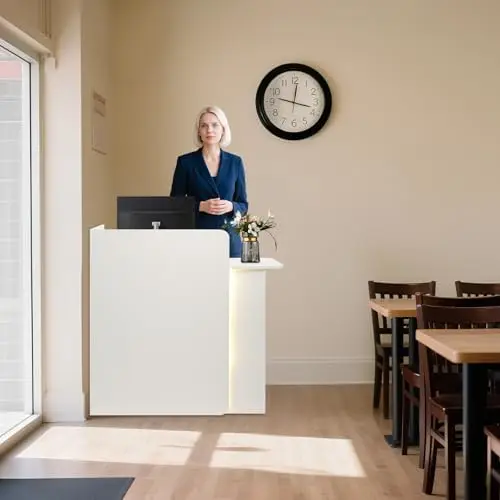 Reception Desk with Counter LED Light, L-Shaped Front Desk with Lockable Drawer, Retail Checkout Counter for Lobby