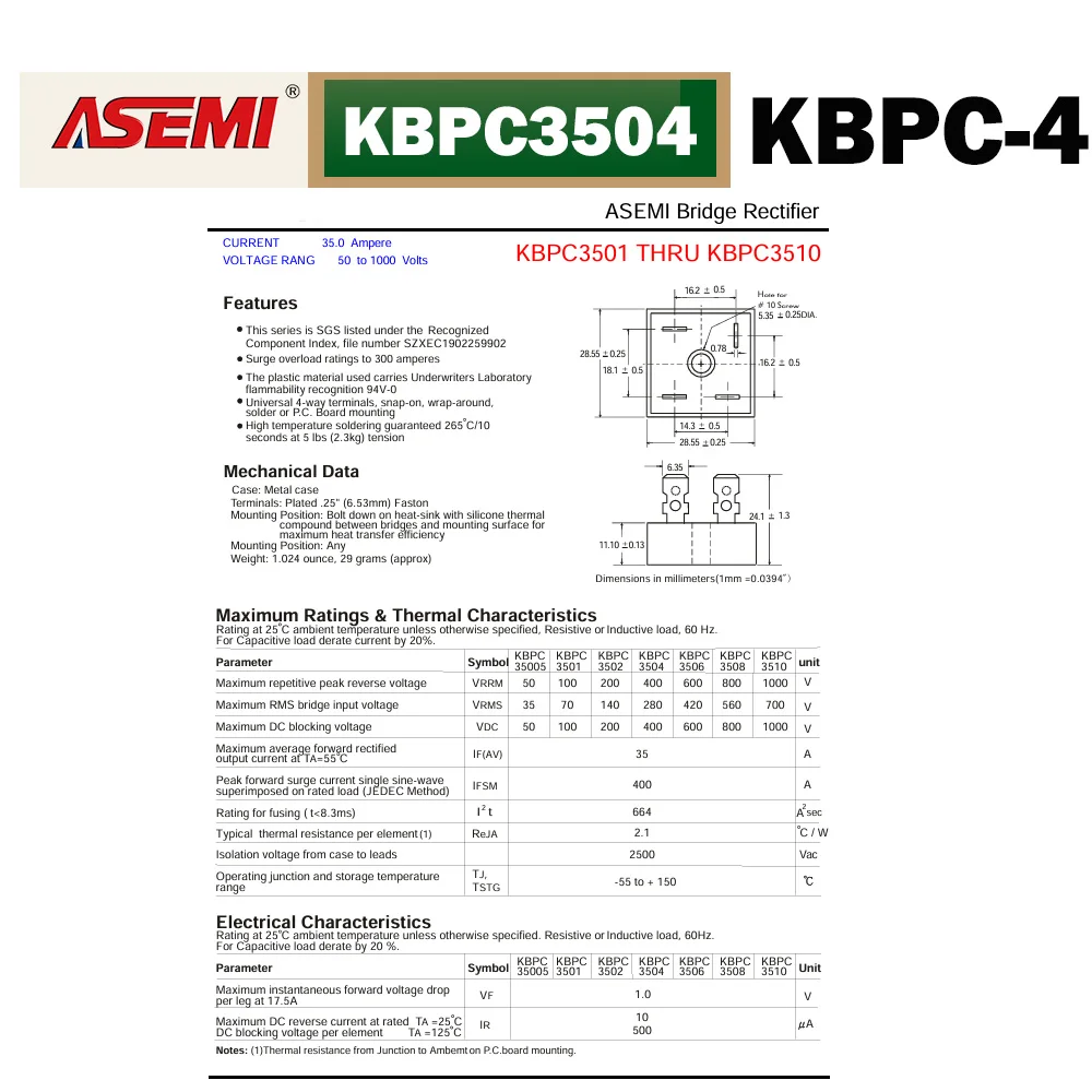 Image 4: Redresseur en pont KBPC3504 35A 400V monophasé, module de diodes pour alimentation électrique, onduleur DIY, contrôle de moteur