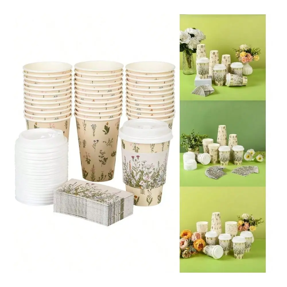 50Pcs Floral Disposable Coffee Cups With Lids And Sleeves Vintage Botanical Herb 12oz To Go Party Paper Drinking Cups Spring Su