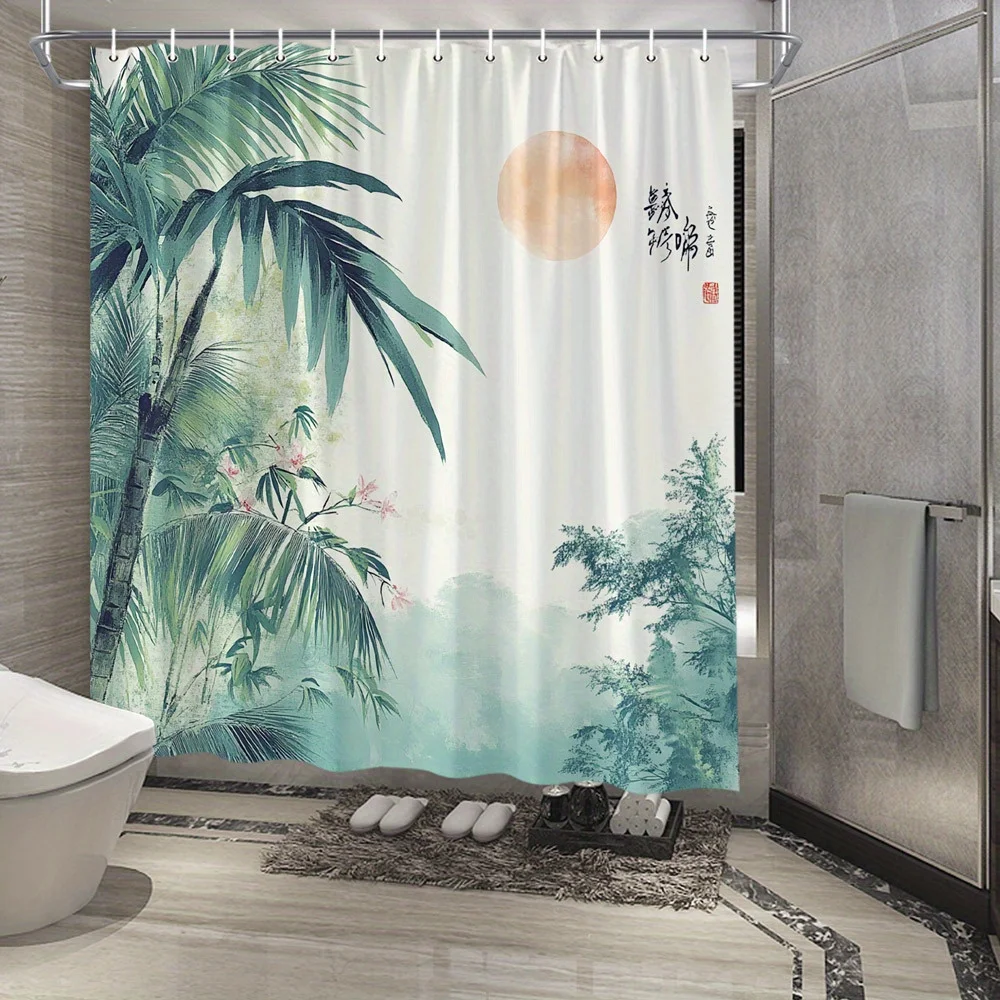 Rideau de douche de paysage Tropical, 1 pièce, avec soleil rose doux, franges de palmier et fleurs délicates, beauté naturelle tranquilique, Polyester,