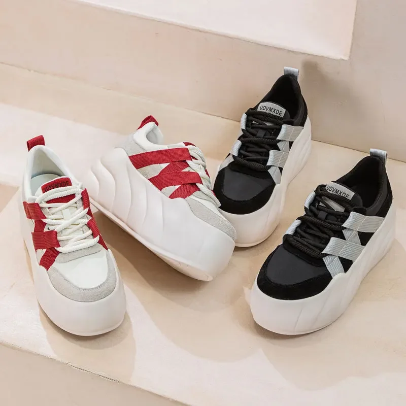 Sepatu Sneakers Chunky Platform tinggi stabil wanita sintetis 8cm Fashion musim semi musim gugur sepatu renda kulit sapi asli