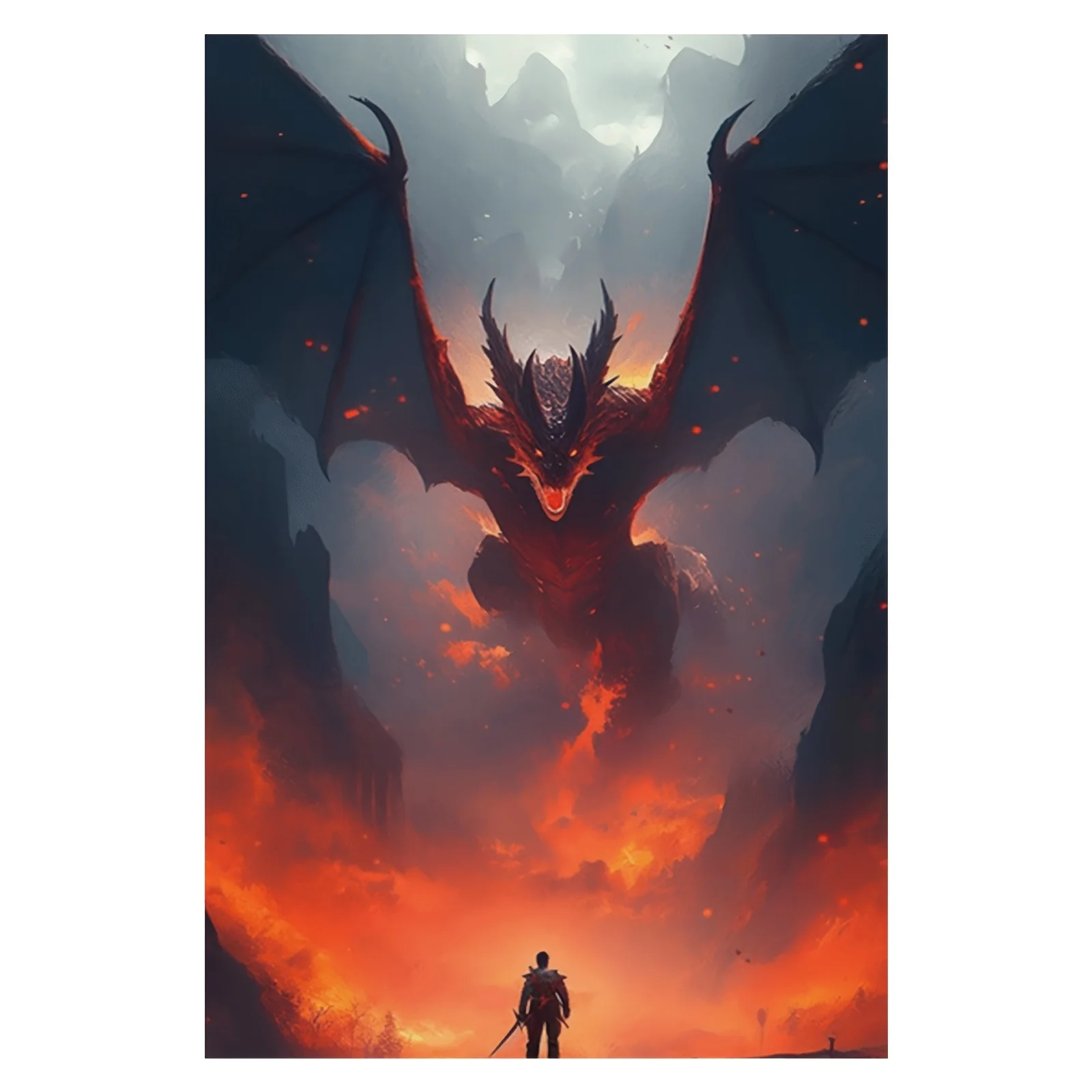 Dragon vs Knight Canvas Print – Fantasy Battle Scene, Dark Sky Landscape, Frameless 12×18 Inches, for Home Office Decor