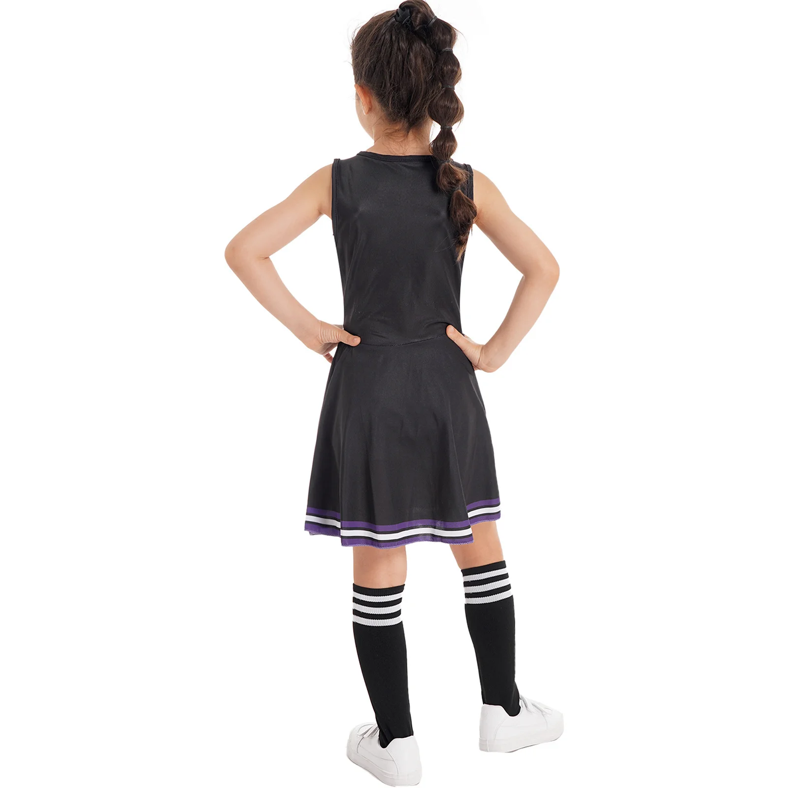 Kinder Mädchen Cheerleading Tanz Kleidung Set Runde Ausschnitt Brief Drucken Patchwork Stil Dance Kleid Cheerleading Blume und Socken