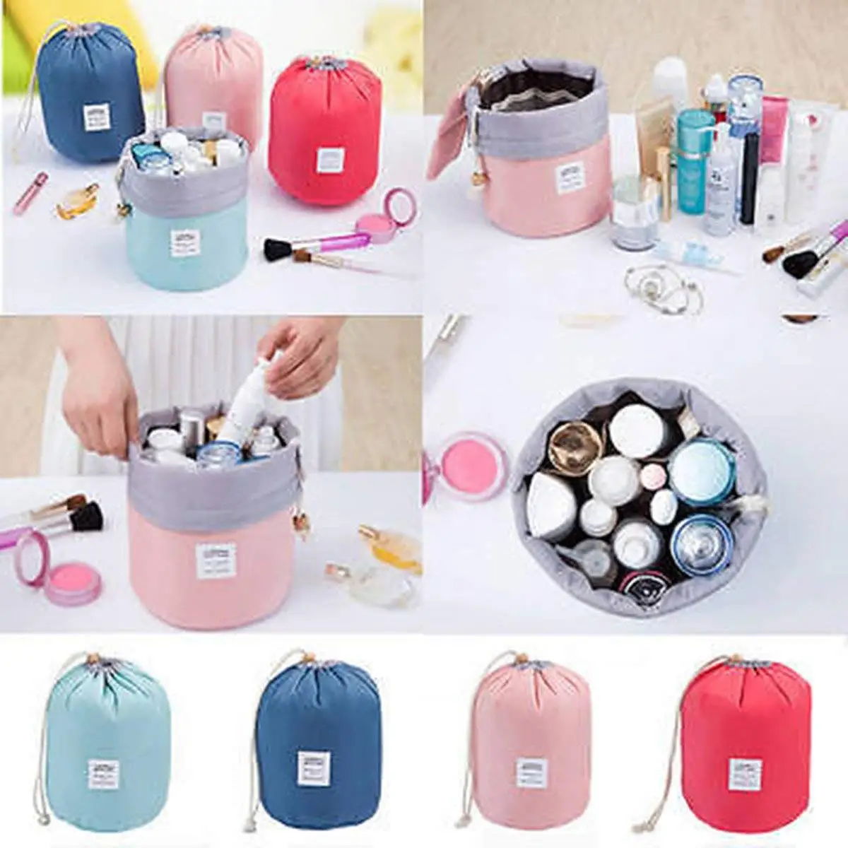 Travel Cosmetic Bags Barrel Makeup Bag,Women&Girls Portable Foldable Cases,Toiletry Bucket Bags Round Organizer Storage Pocket