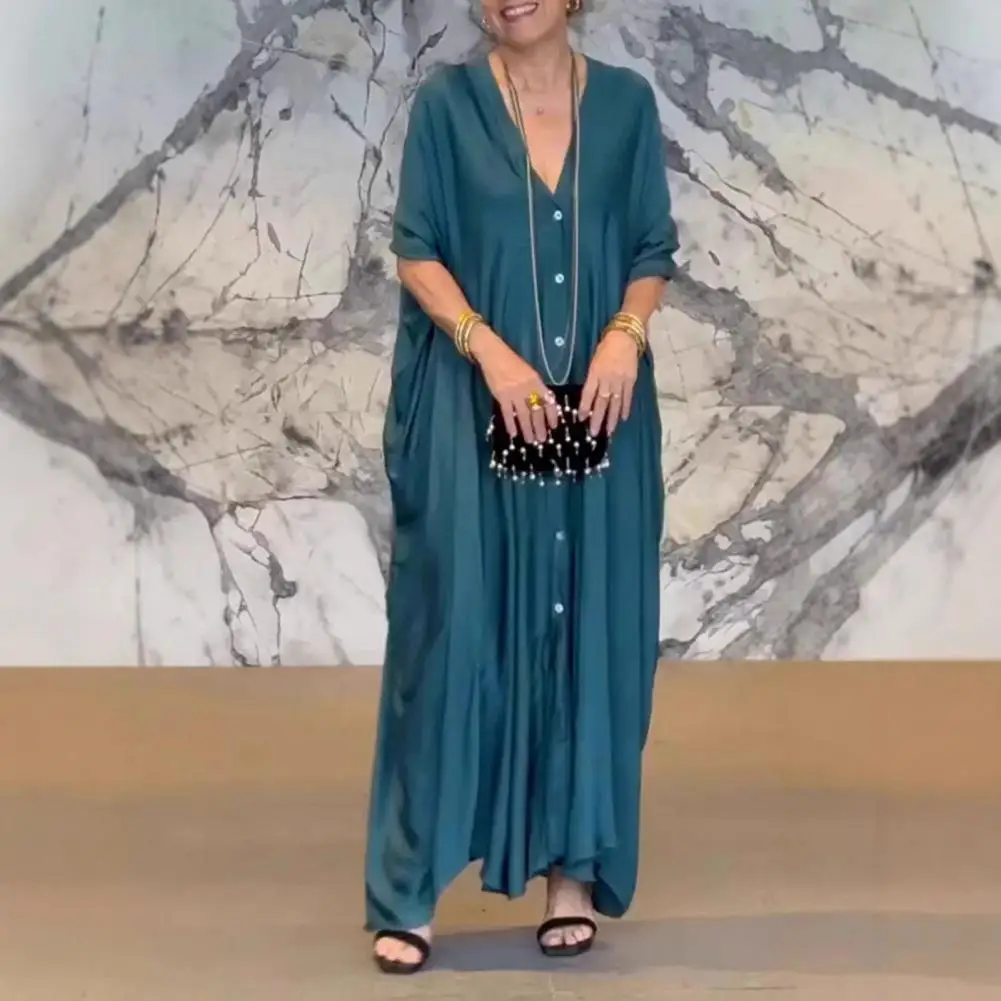 Women Solid Color Dress Elegant V-neck Maxi Dress with Batwing Sleeves Buttoned Placket Solid Color Satin Shirt Dress for Women