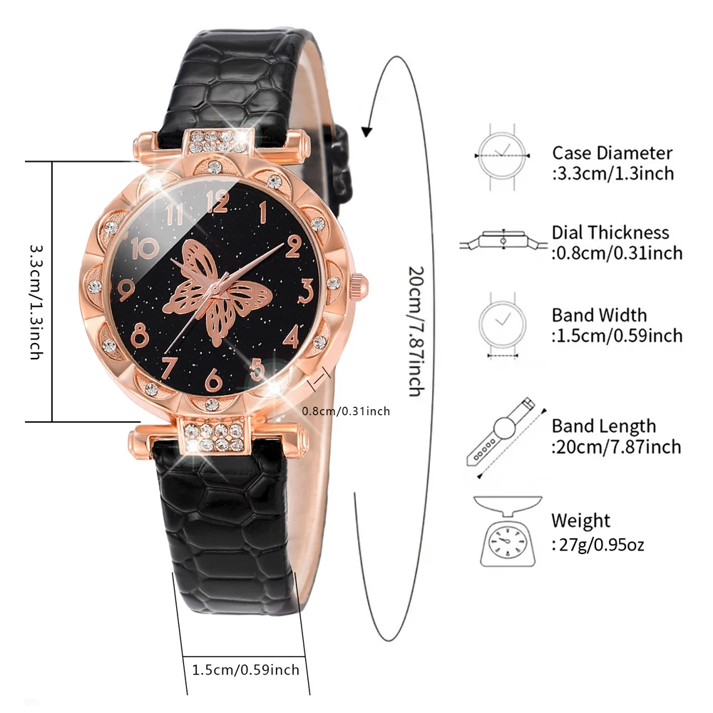 5PCS/Set Black Romantic Quartz Watch Shiny Rhinestone PU Leather Wrist Watch & Jewelry Set Gift For Mom Her Ladies Watch