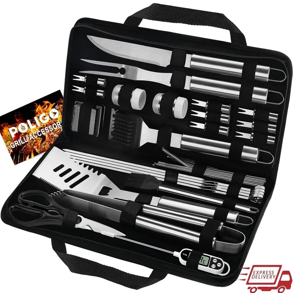 

29 PCS BBQ Grill Accessories Set Stainless Steel Tools with Storage Bag Meat Thermometer Corn Holders Perfect Gift Dads Birthday