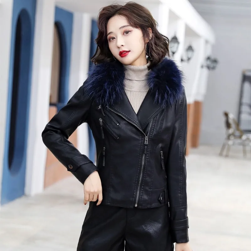 2023 Winter New Women Short Leather Jacket Fox Fur Collar Thickened Thermal Slim Fit Leather Coat Fashion Solid Color outwear