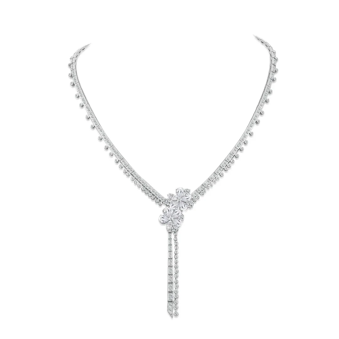 BELLUX Pendant Chain 925 Silver Synthetic Luxury White Full Diamond Fine Luxury Elegant Flower Tassel Necklace