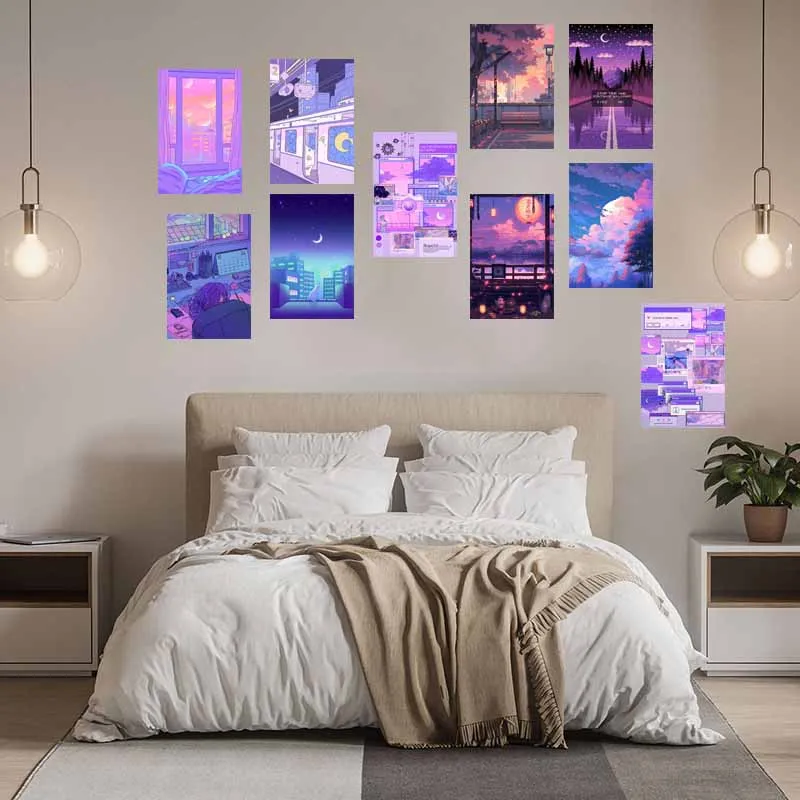 10/30PCS Purple Lofi Aesthetic Wall Collage Kit Prints Retro Cartoon Scene Art Pictures Dorm Room Decor Y2k Floral Smile Poster