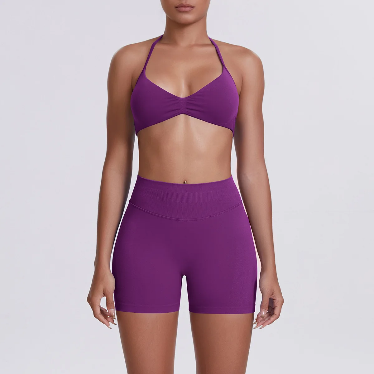MIML Seamless Yoga Sports Bra And Shorts Set Solid Color Neck Hanging Design Tight Fit Running Fitness Two-Piece Workout Ensembl