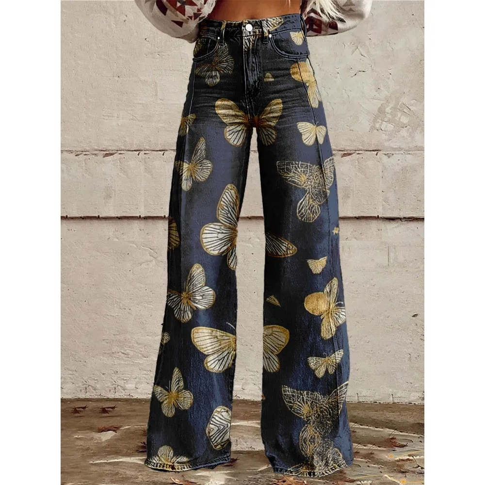  بنطال نسائي واسع الساق بطبعة فراشة زرقاء، سروال مثير عالي الخصر، ملابس شارع فنية غير رسمية التسعينيات Y2K بنطال الموضة خمر #3