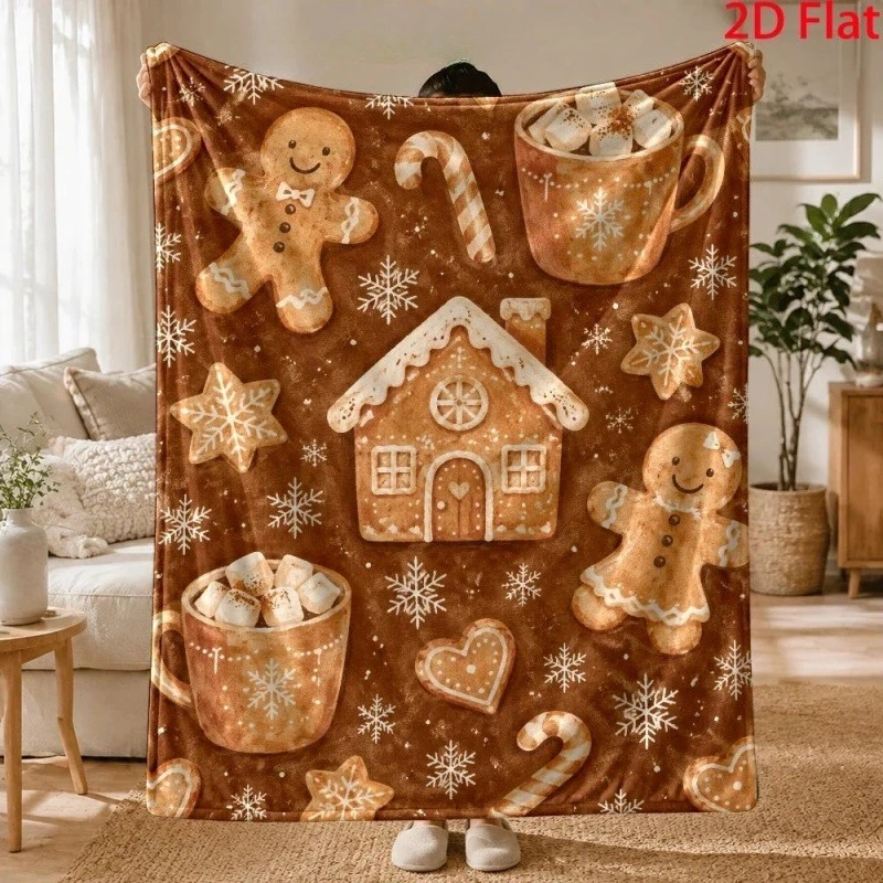 Brown Gingerbread House Cookie Print Throw Blanket, Hot Cocoa Candy Cane Snowflake Festive Decor Throw Blanket
