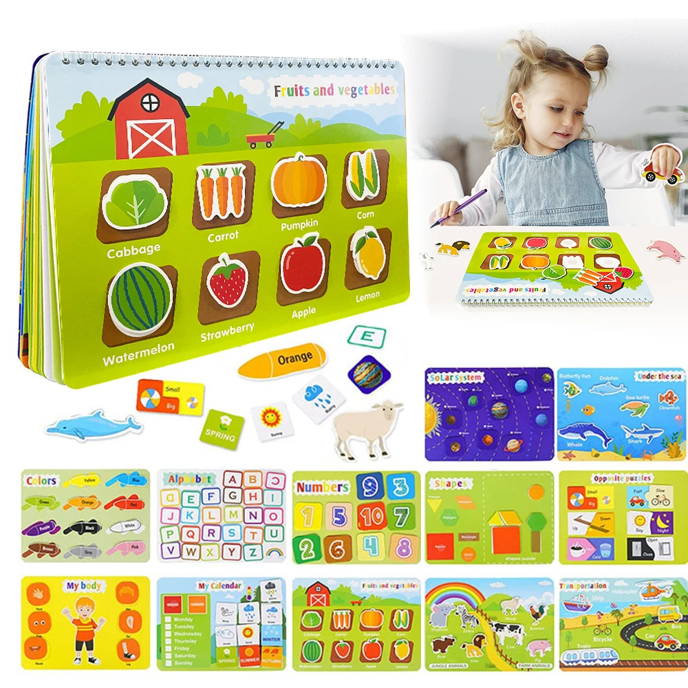 

12Themes Busy book fruit animal alphabet Montessori Toys for Toddler Activities Binder Learning English Quiet Book for Kids baby