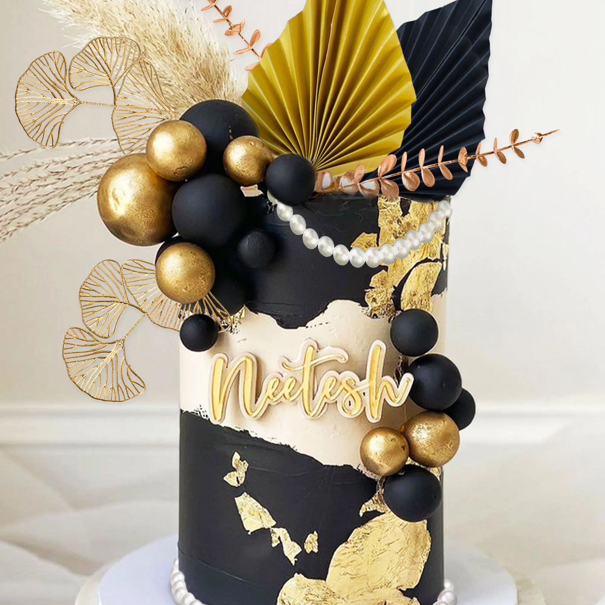 LaVenty Schwarzgoldene Kugeln, Tortenaufsatz, goldene Blätter, Kuchendekoration, Abschlussball, Kuchendekoration, brüllende 20er-Jahre-Kuchendekoration – Detail 5