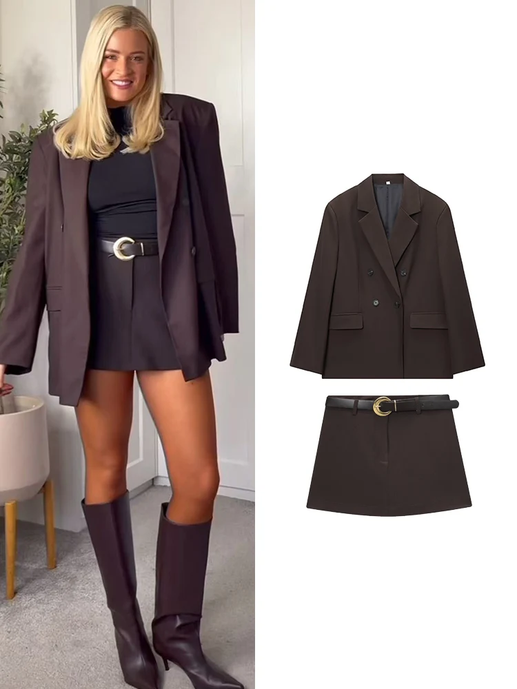 

TFMLN Женский Блейзер Шорты Комплекты из 2 предметов Шикарный двубортный костюм Пальто Мини-шорты Юбки с поясом Элегантные модные наряды OL