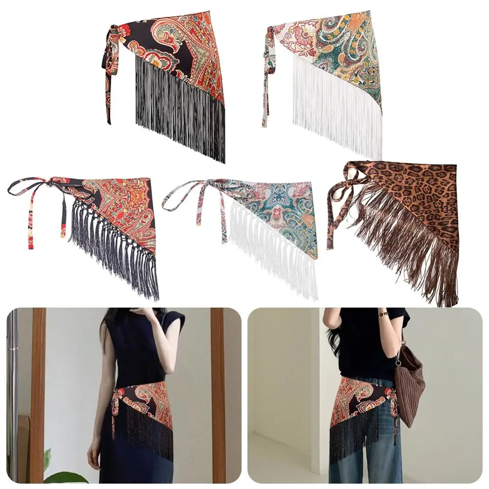 

Ethnic Triangular Waistband Millennial Spice Girl Style Tassel Tassel Hem Skirt with Wide Belt Exquisite Retro Style